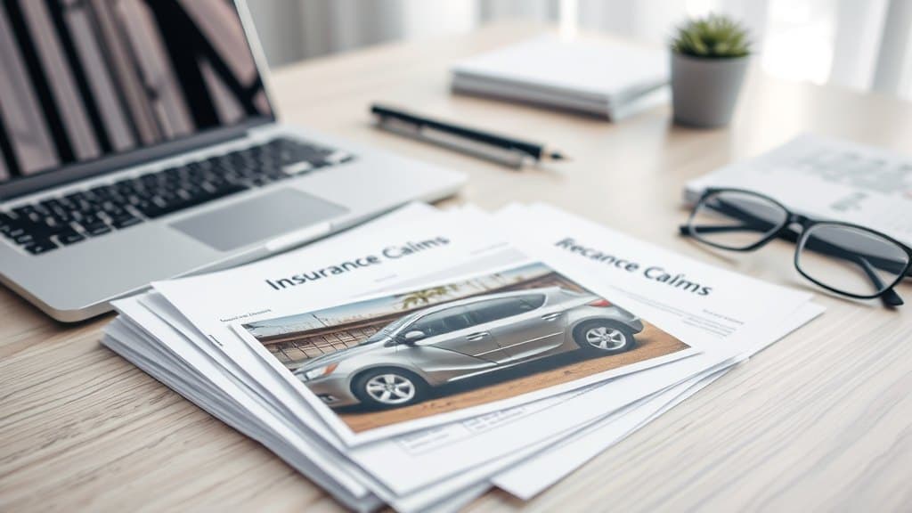 Arbeitsplatz in der Schadenbearbeitung mit Formularen und Schadenfotos