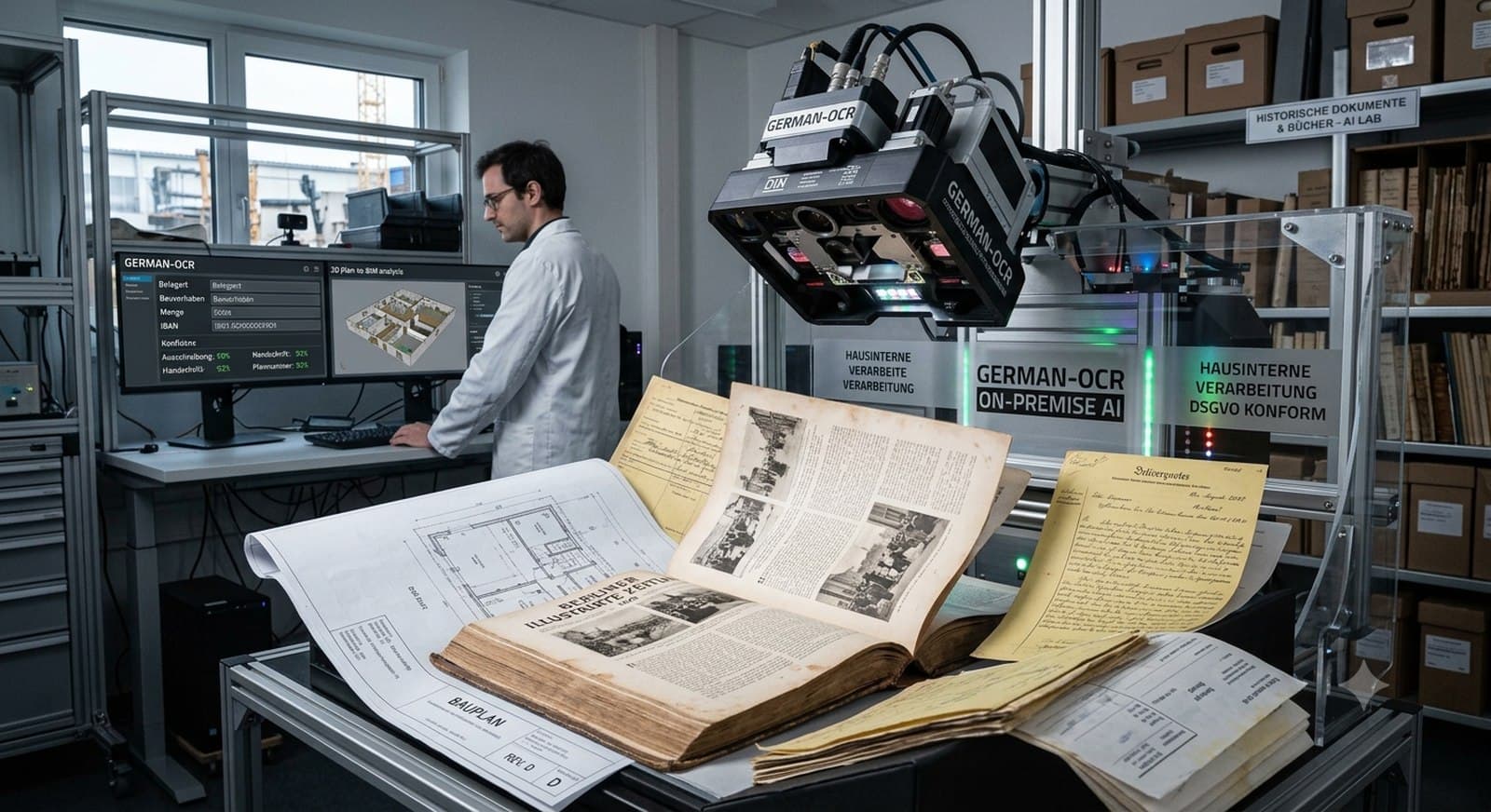Arbeitsplatz mit Buchscanner über einem historischen Band, Bauplan und Belegen; im Hintergrund die Server, auf denen die Erkennung läuft