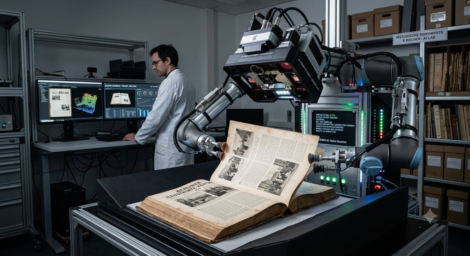 Buchscanner erfasst einen historischen Band; die Aufnahme wird direkt am Arbeitsplatz geprüft