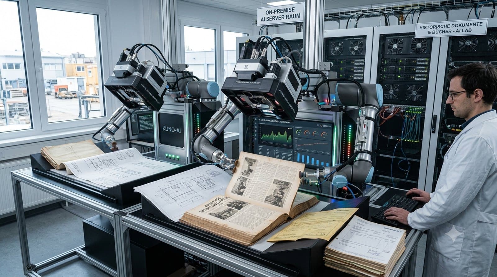 Erfassungsplatz für historische Bestände neben den Servern, auf denen die Erkennung läuft