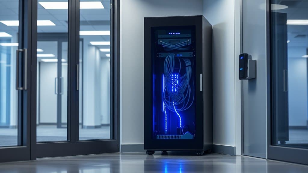 Serverschrank im eigenen Haus, davor ein Arbeitsplatz mit Dokumentenansicht
