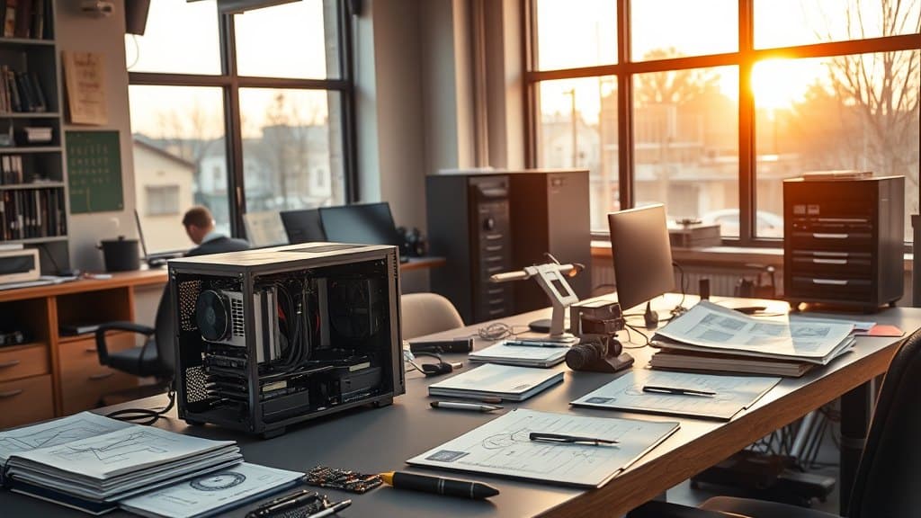 Werkstattatmosphäre mit Rechnern, Serverecke und Unterlagen auf der Werkbank