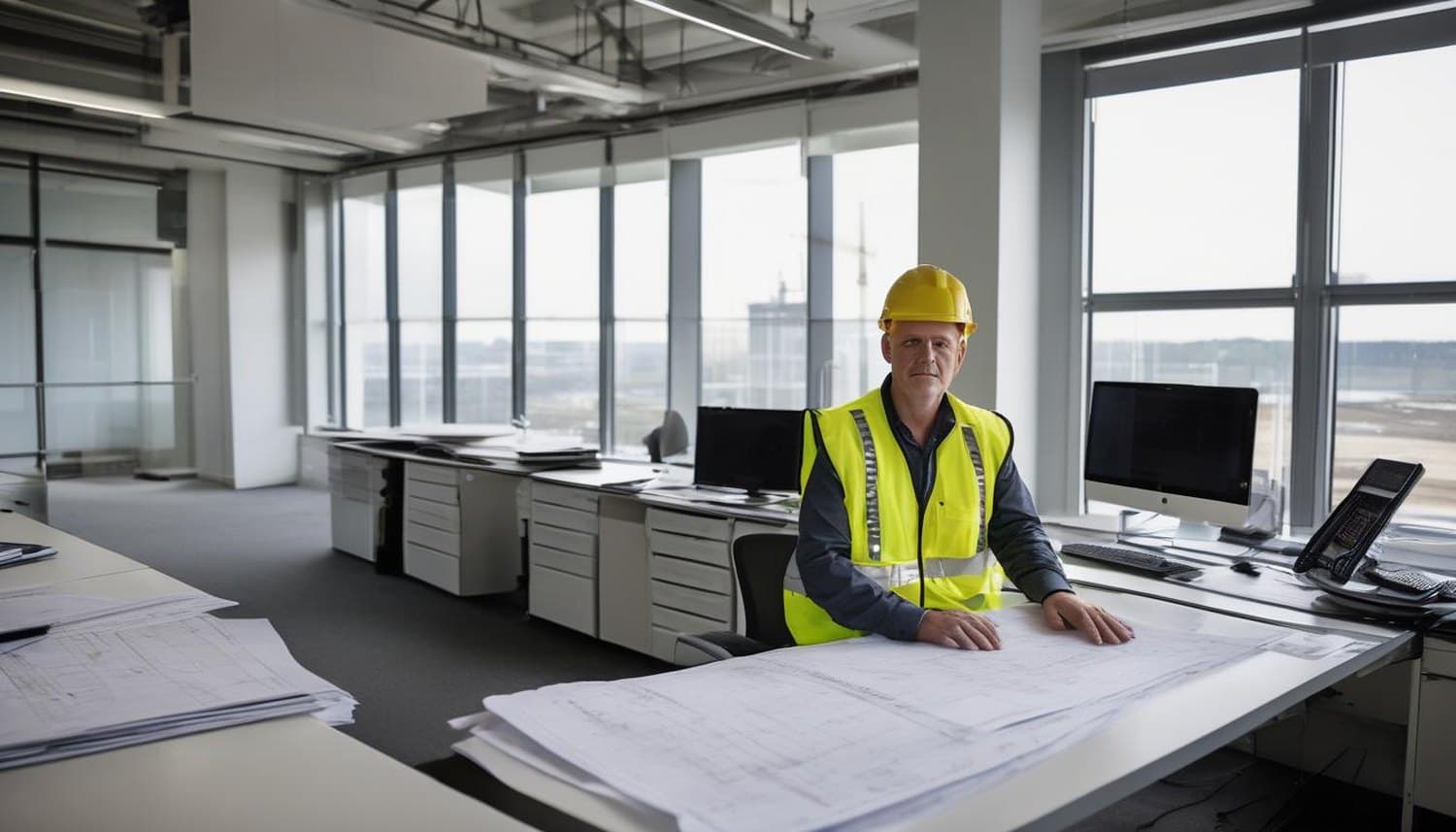 Bauleiter mit technischen Zeichnungen und Belegen am Arbeitsplatz