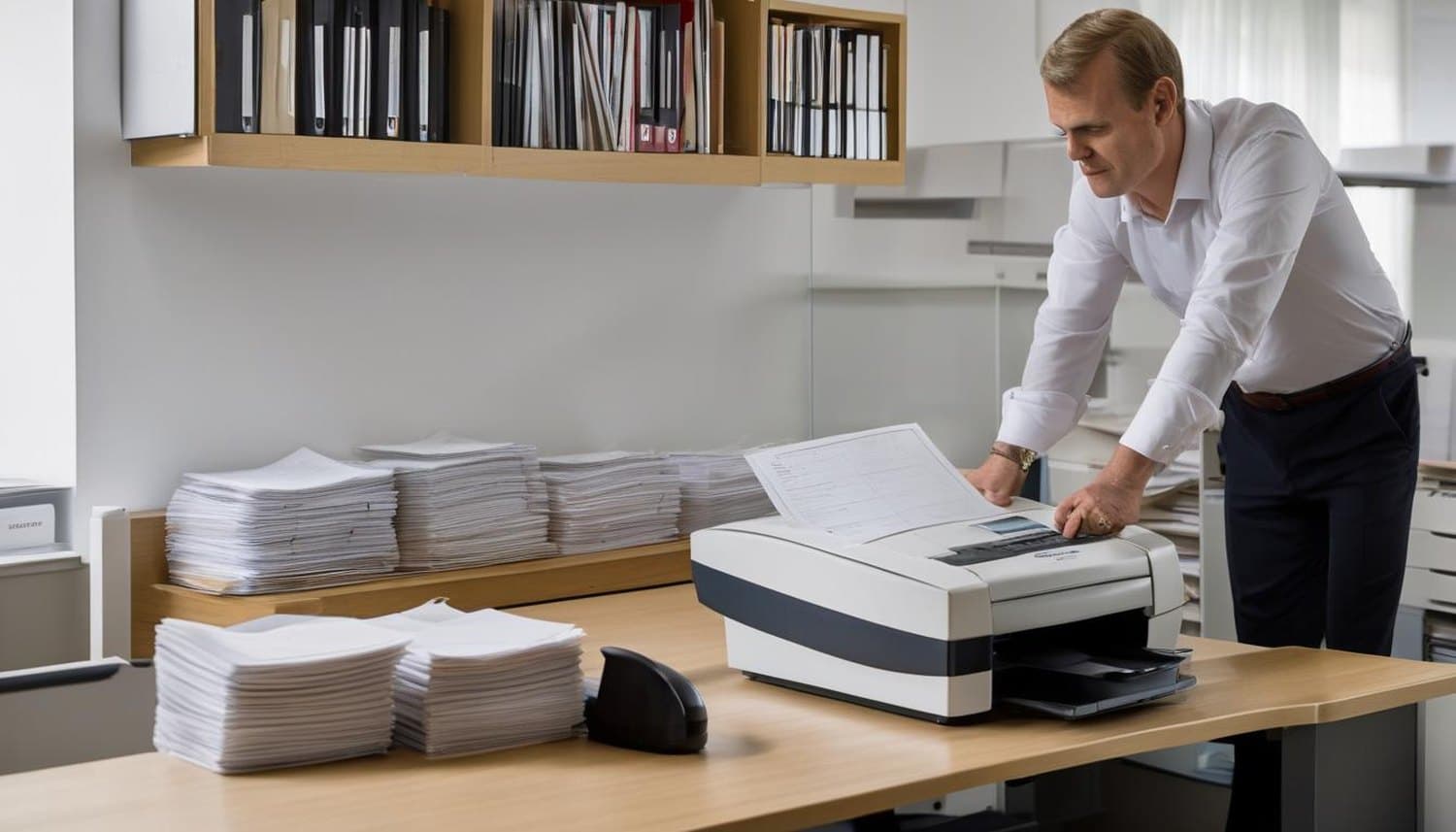 Kanzleimitarbeiter erfasst Belege mit einem Dokumentenscanner