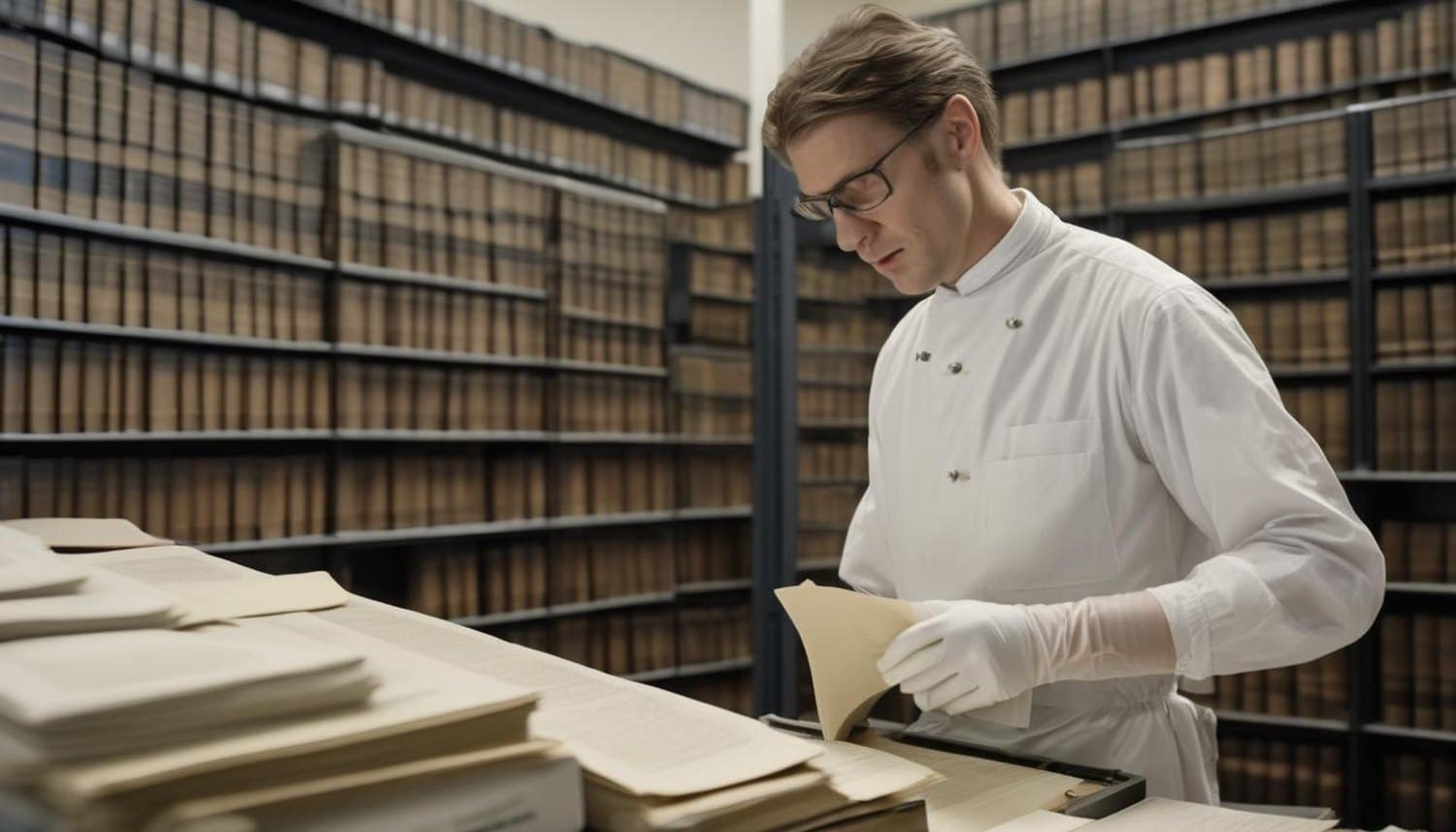 Archivarin mit Handschuhen an einem historischen Registerband