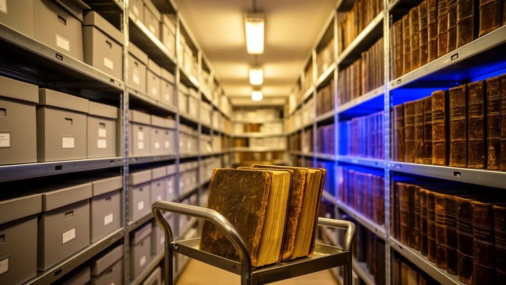 Magazinraum eines Archivs mit Regalreihen voller Archivkartons und historischer Bände