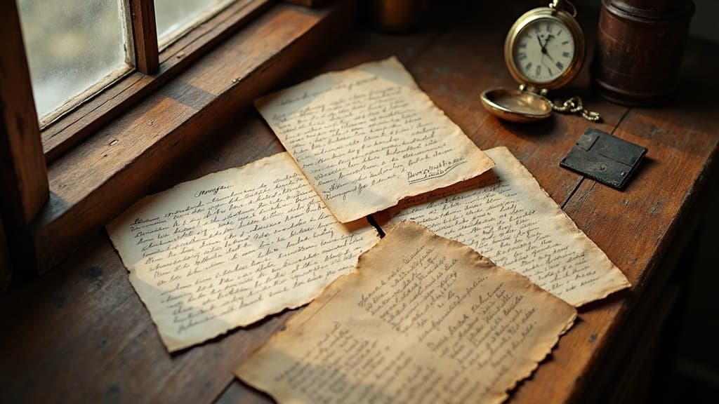 Alte Familienbriefe, Fotografien und eine Taschenuhr auf einem Holztisch