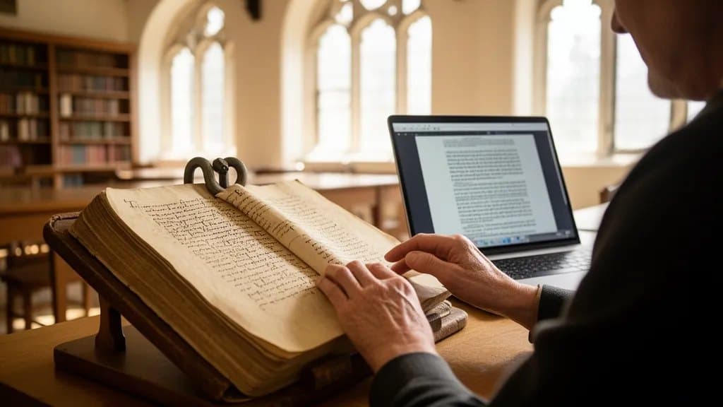 Arbeitsplatz in einem Lesesaal: historische Handschrift neben einem modernen Rechner