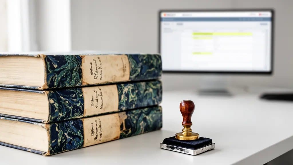 Stapel historischer Personenstandsregister auf einem Schreibtisch im Standesamt